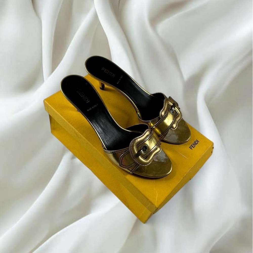 Fendi gold kitten heel mules b-buckle open toe detailing y2k vintage designer